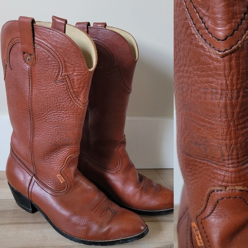 Vintage Men's Leather Levi's Cowboy Western Boots Cognac Brown Orange Tab Sz 10 - Picture 1 of 12